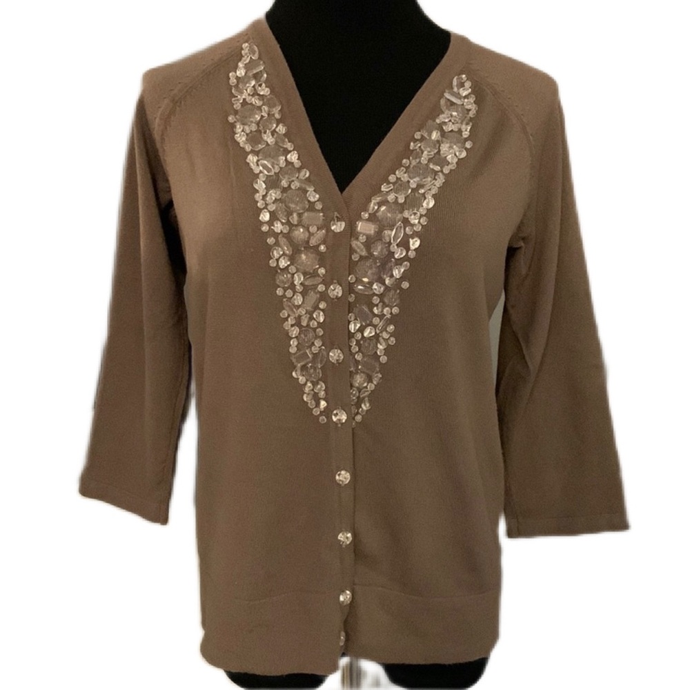 Susan Graver SZ S Taupe Beaded Buttons Down 3/4” Sleeve Cardigan